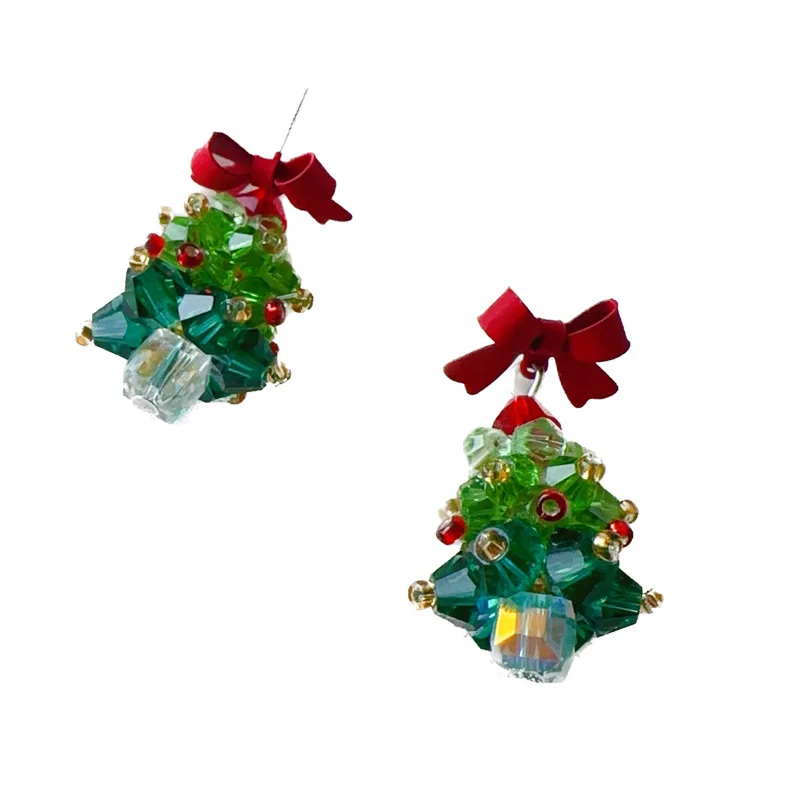 Korean Sweet 3D Bowknot Christmas Tree Earrings For Women Green Crystal Xmas Tree Drop Earrings Merry Christmas Jewelry Gifts