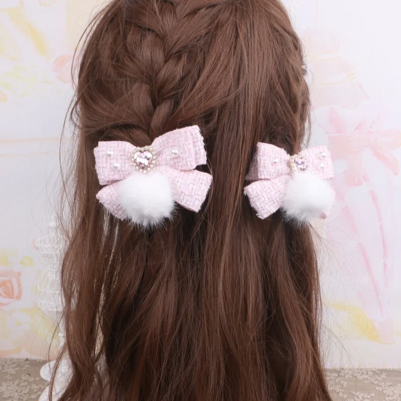 Handmade Sweet Fur Ball Love Pearl Rhinestone Side Clip Sweet Girl Women's A Pair of Hairclips Fashion Hairpin Headdress