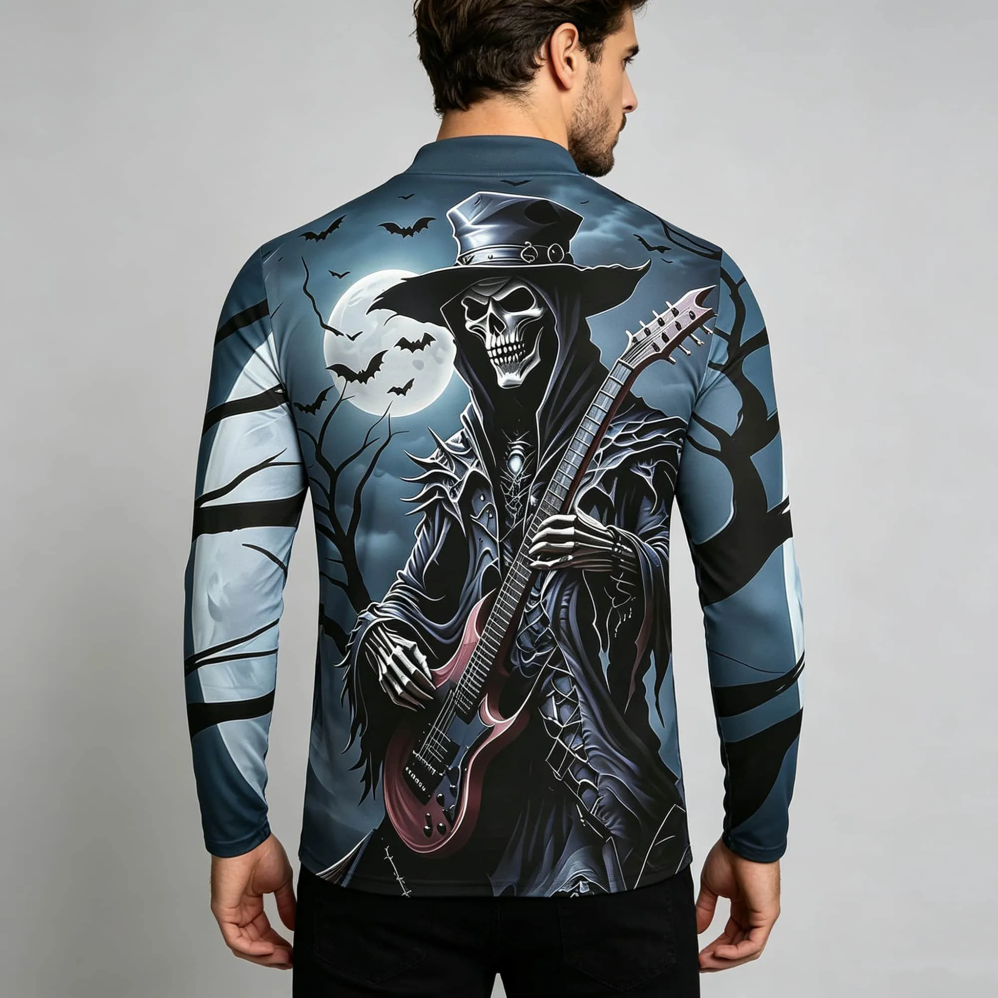 Men Gothic Streetwear Mock Neck Long Sleeve Pullover Skeleton Reaper Playing Guitar All Over Print Halloween Tee
