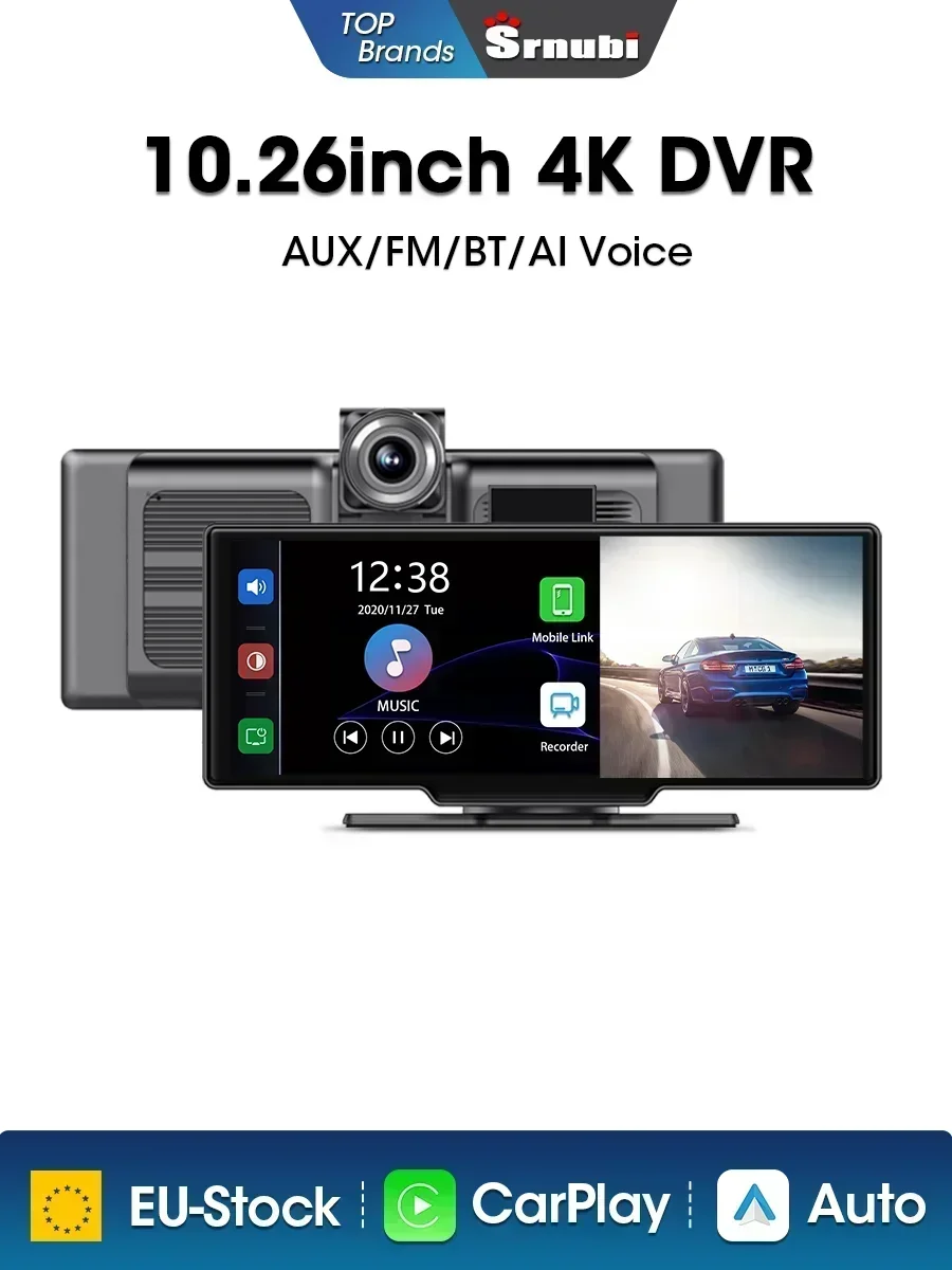 Srnubi 10,26" Dash Cam Rück Carplay Android Auto 4K DVR GPS Navigation Player Dual Len Recorder Dashboard 24H Park WIFI BT