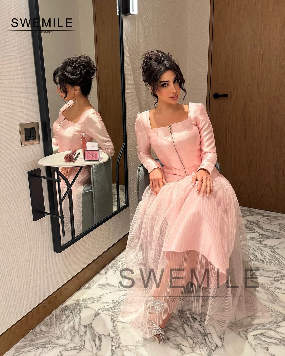 SWEMILE Pink A-Line Square Neckline Long Sleeves Tulle Zipper Up Dresses For Prom Cocktail Dresses Elegant And Pretty Women\'S