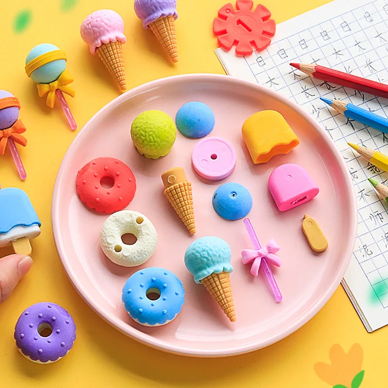 Donut Ice Cream Modeling Rubber Erasers, Pencil Cleaning, Stationery, School, Student, Girl, Kids Gift Award, 4Pcs Box