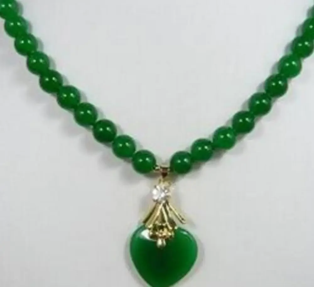 Noblest lady's 8mm green Natural jade necklace 17 inch + Heart Pendant