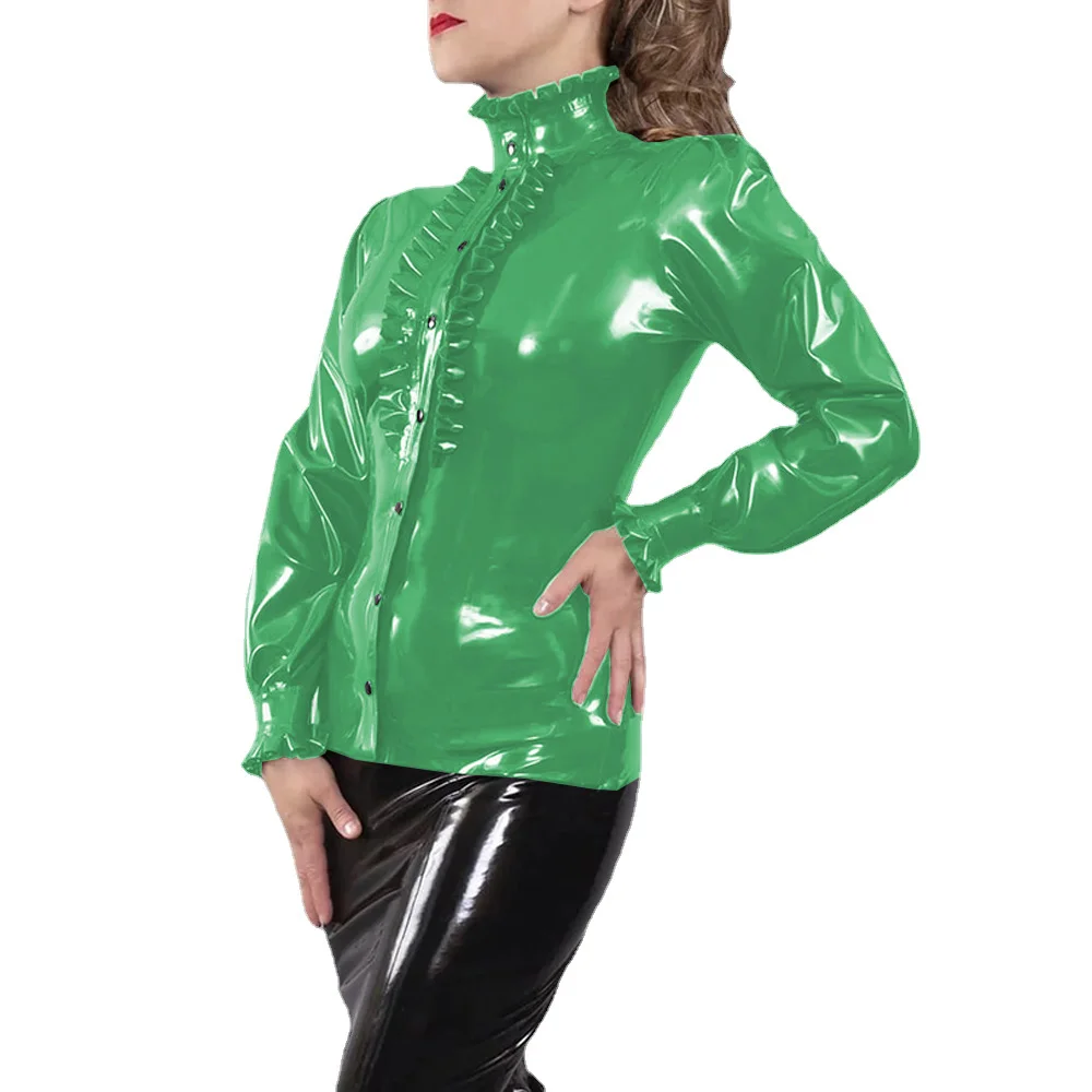 Women's Ruffles Turtleneck Blouse, Shiny Shirts, Botton-up, Long Sleeve, Glossy, Faux Leather, Slim Tops, Wetlook, Club, Party