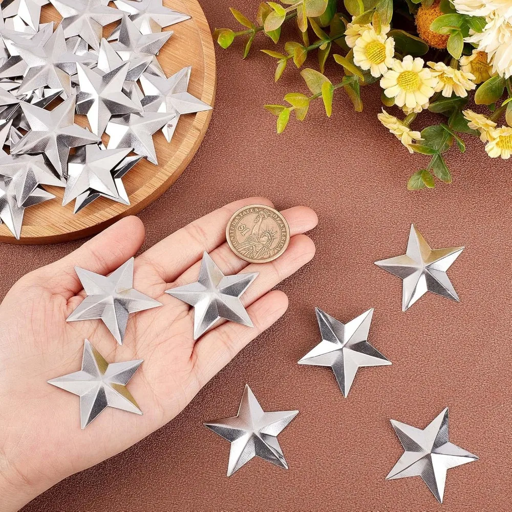 100PCS 1.5" Galvanized Metal Stars Vintage Rustic Star Silver Primitive Stars Three Dimensional Christmas Tree Star making kit