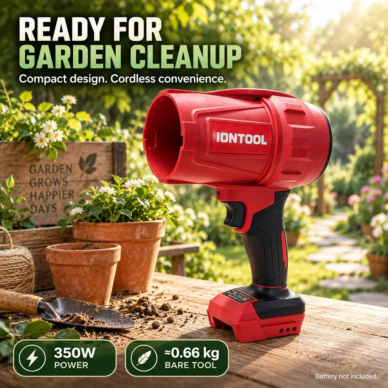 IONTOOL Handheld Red Cordless Blower For Garden Path Leaf Removal and Lawn Clipping Blowing and Flower Bed Cleaning