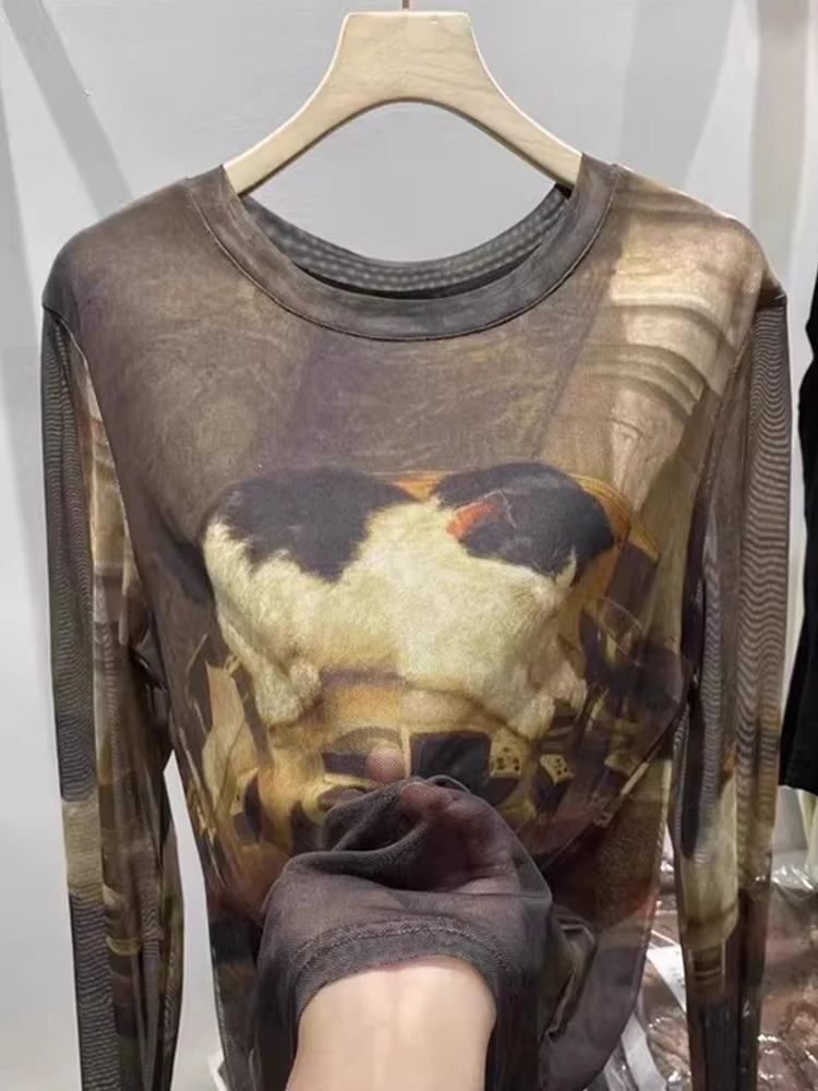 Cartoon  Print Long Sleeve Mesh T-Shirt Women's Summer Layering Base Layer Sun Protection Ice Silk under Shirt Top