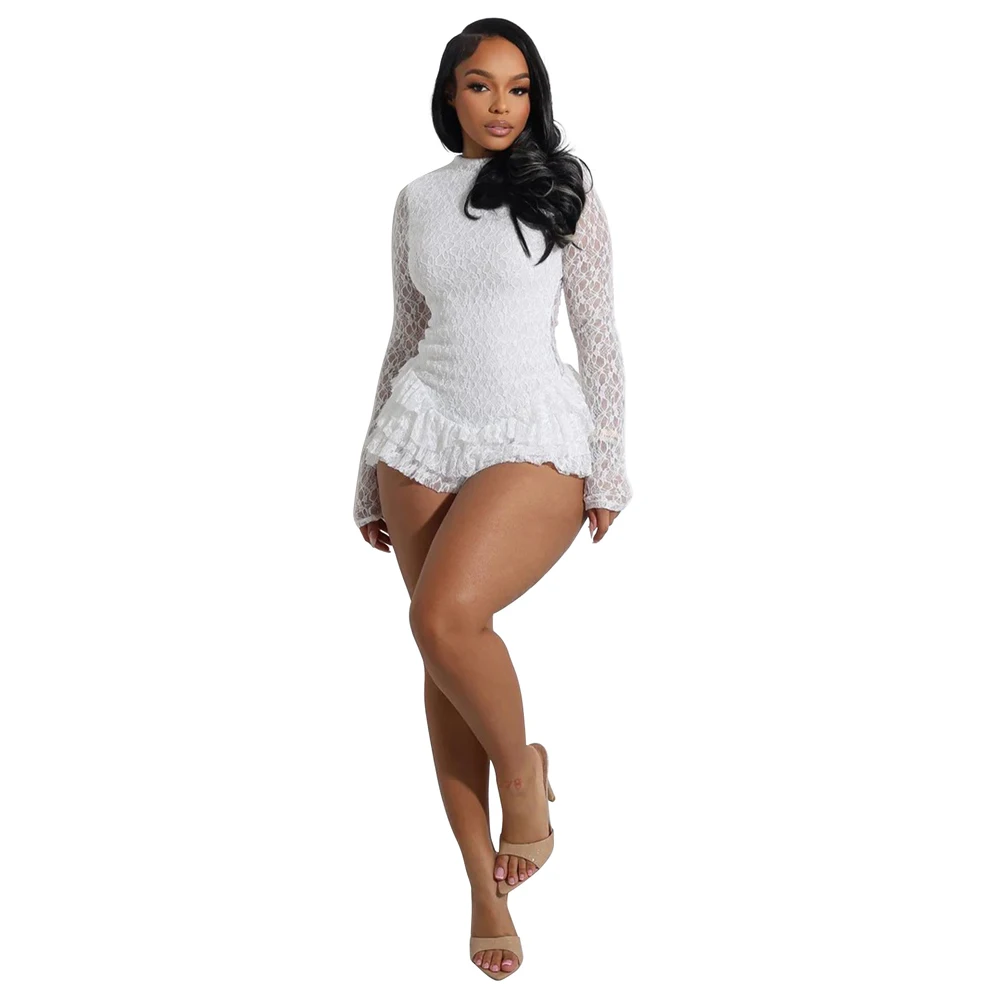2025 neue Frauen Sexy Spitze Langarm Rüschen Strampler Ein Stück Nette Streetwear Kleidung Backless Geraffte Kurze Overalls Playsuits – Detail 4