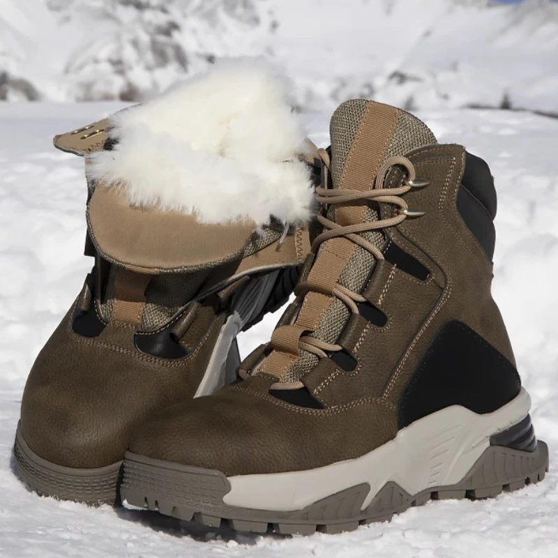 Wool Snow Boots for Men's Plush Thick Insulation Leather Fur Integrated Shoes Increased Winter Waterproof Anti Slip Cotton Boots