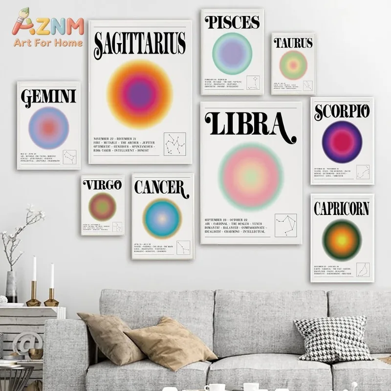 AZNM Zodiac Aura Canvas Wall Art 12 Constellation Gradient Color Aesthetic Horoscope Retro Text Print Frameless Canvas Painting