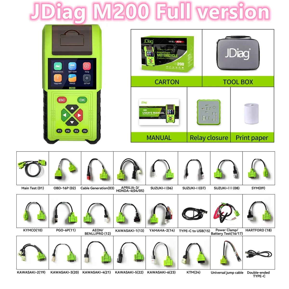 

JDiag M200 Motorcycle Diagnostic OBD2 Scanner Moto Fault Code Reader Battery Tester Motoscan Tool For Yamaha Update of M100 PRO