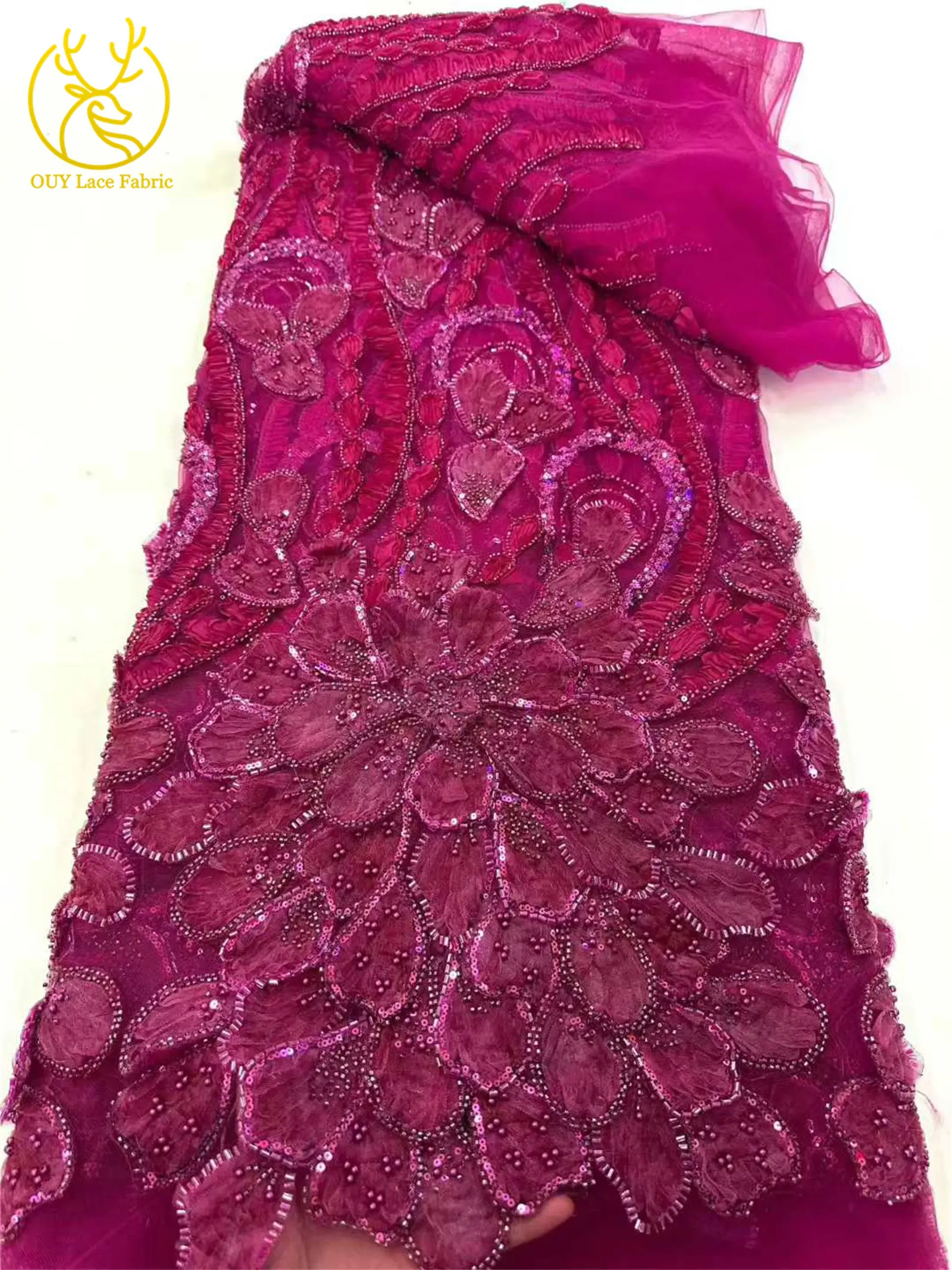 3D Afrikanischer Perlen-Pailletten-Spitzenstoff 2026 Französischer Nigerianischer Tüll-Spitzenstoff für Brautkleider-Materialien – Detail 13