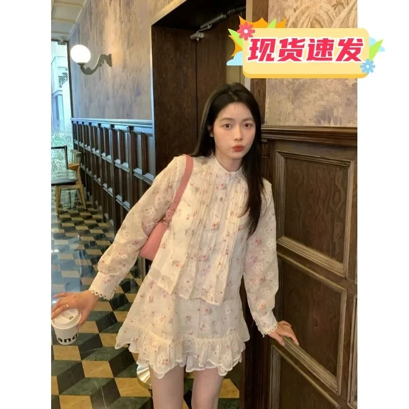 

French Floral Set Women's Long Sleeved Shirt top 2024 Autumn New Loose and Half Skirt Short Skirt Sweet Reduce Age Two Commuting