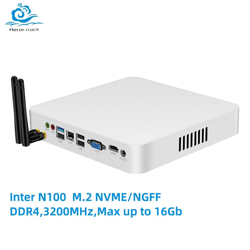 Helorpc Office Mini PC Inter N100 Support Windows10 DDR4 M.2 NVME with 6*USB 1*VGA 1*HDMI 1*Gigabit LAN Audio Desktop Computer