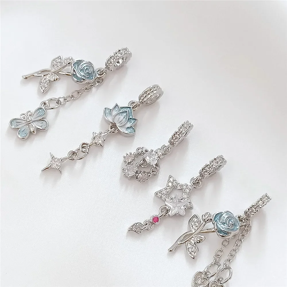 

White Gold Inlaid Zirconium Star Rose Lotus Pendant, Diy Handcrafted Bracelet Necklace Accessory