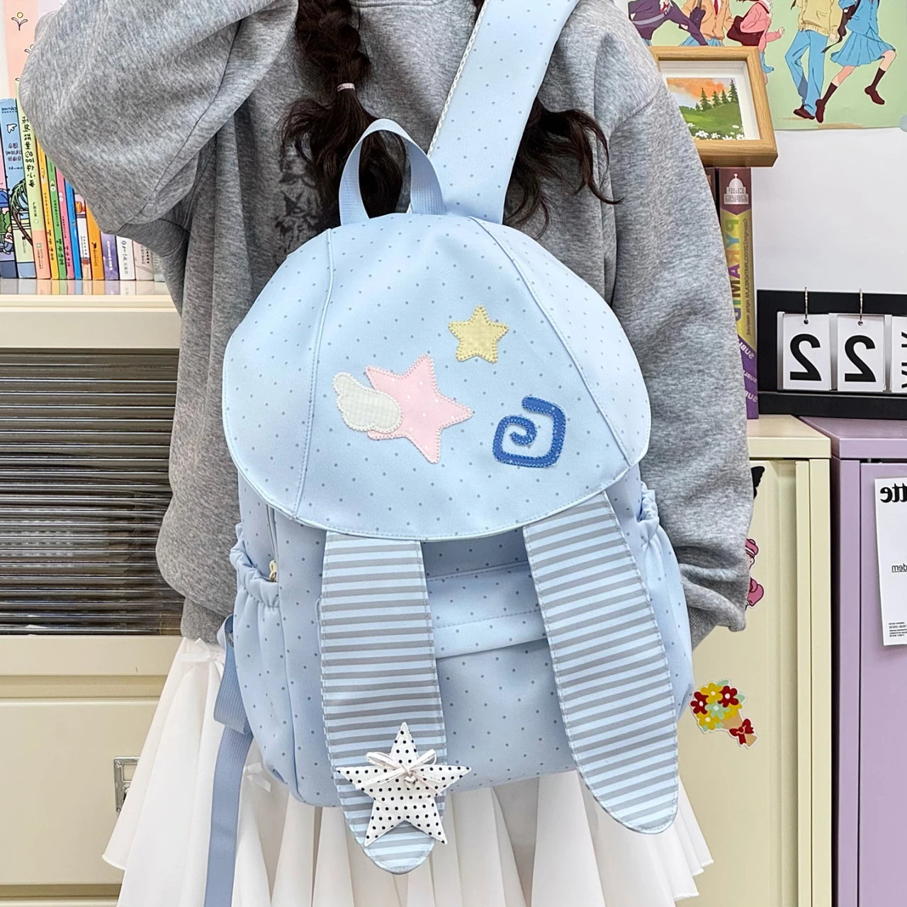 Kawaii Polka Dot Bunny Ear Backpack Cute Star Cloud Applique Flap Daypack Rucksack Japanese Lolita School Bag for Teen Girls