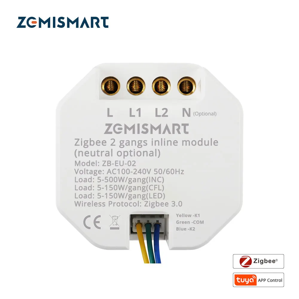 

Zemismart Tuya Zigbee Inline Module Switch APP Remote Control Mini Light Switch 2 Gangs 2 Way Neutral Optional Alexa Google Home