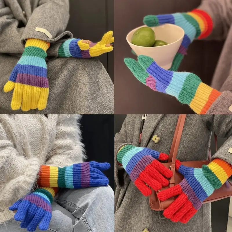 MXMB Adult Touchable Screen Gloves Striped Mittens Rainbow Color Full Finger Gloves