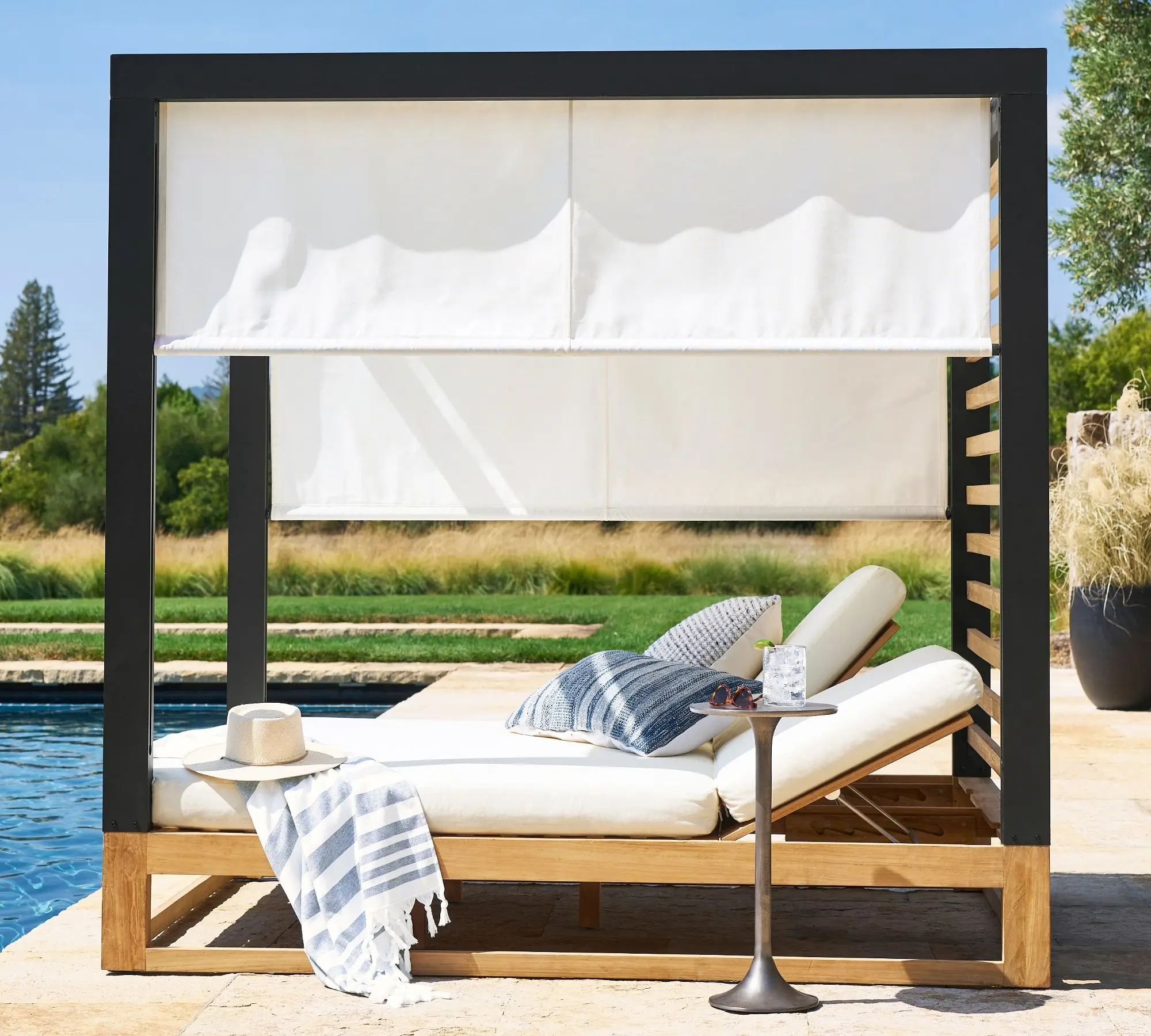 New Arrival Modern Metal & Teak Outdoor Garden Set Double Chaise Daybed Sun Lounge Canopy Bed