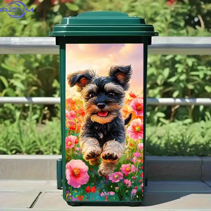 1pc 2D FLAT Trash Can Sticker, .01x81.99cm, Jumping Dog with Flowers Pattern, Suitable for Trash Cans, Walls, Kitchen Decorati