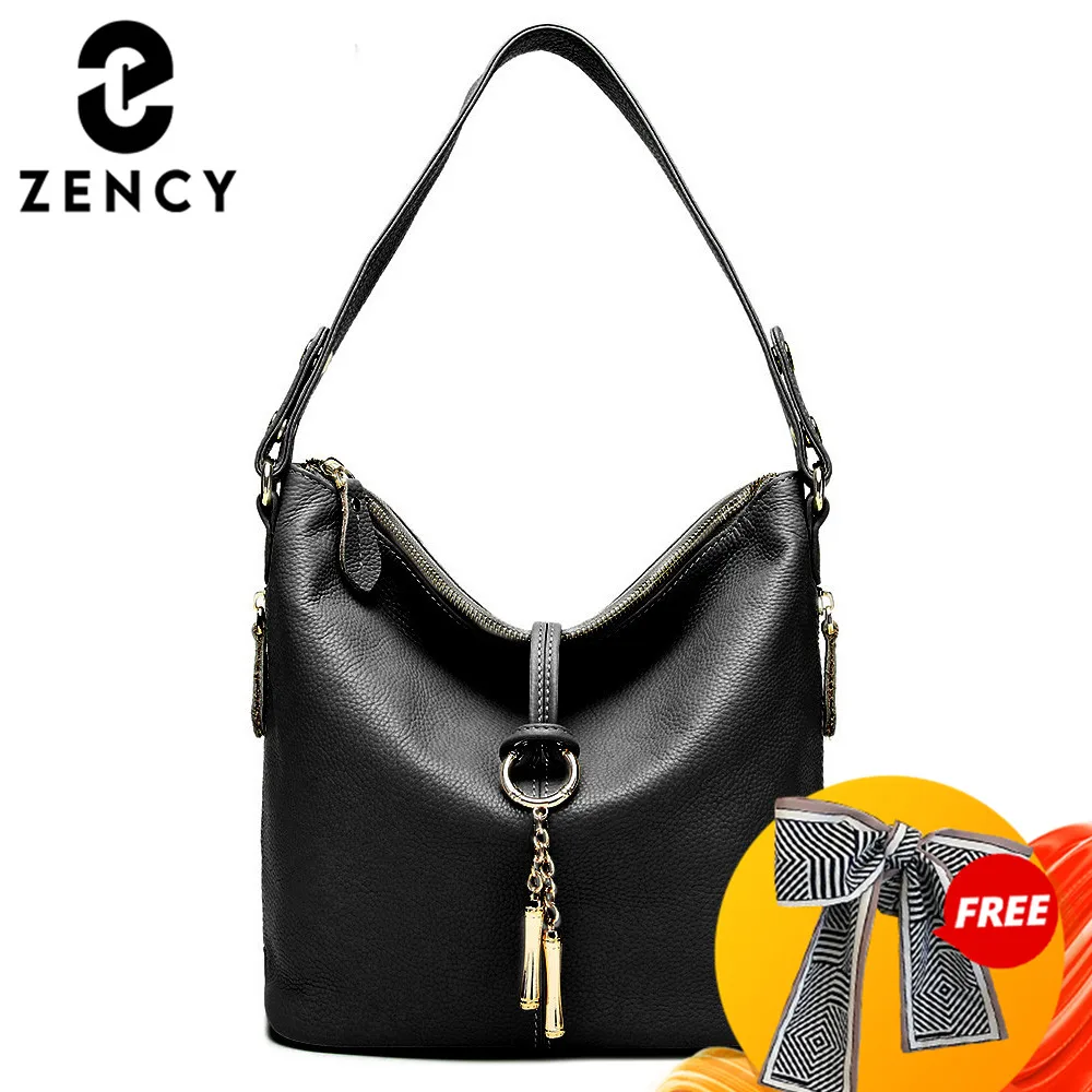 Zency New Fashion Women Shoulder Bag Metal Tassel 100% Genuine Leather Lady Crossbody Messenger Elegant Gift Handbag Black White