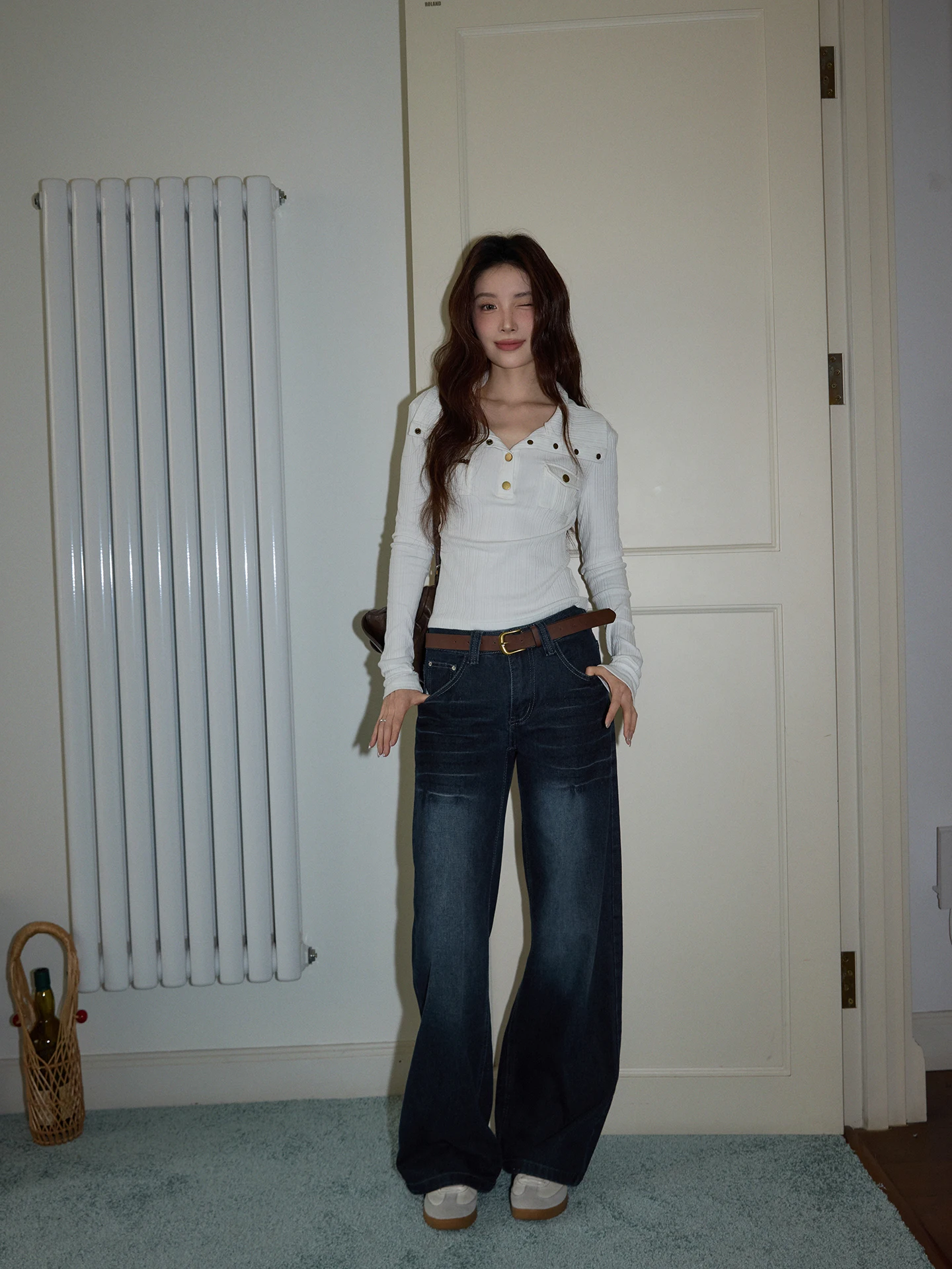 

Темно-синие повседневные джинсовые джинсы с высокой талией, свободные прямые брюки длиной до пола, женские модные осенние джинсы с высокой талией