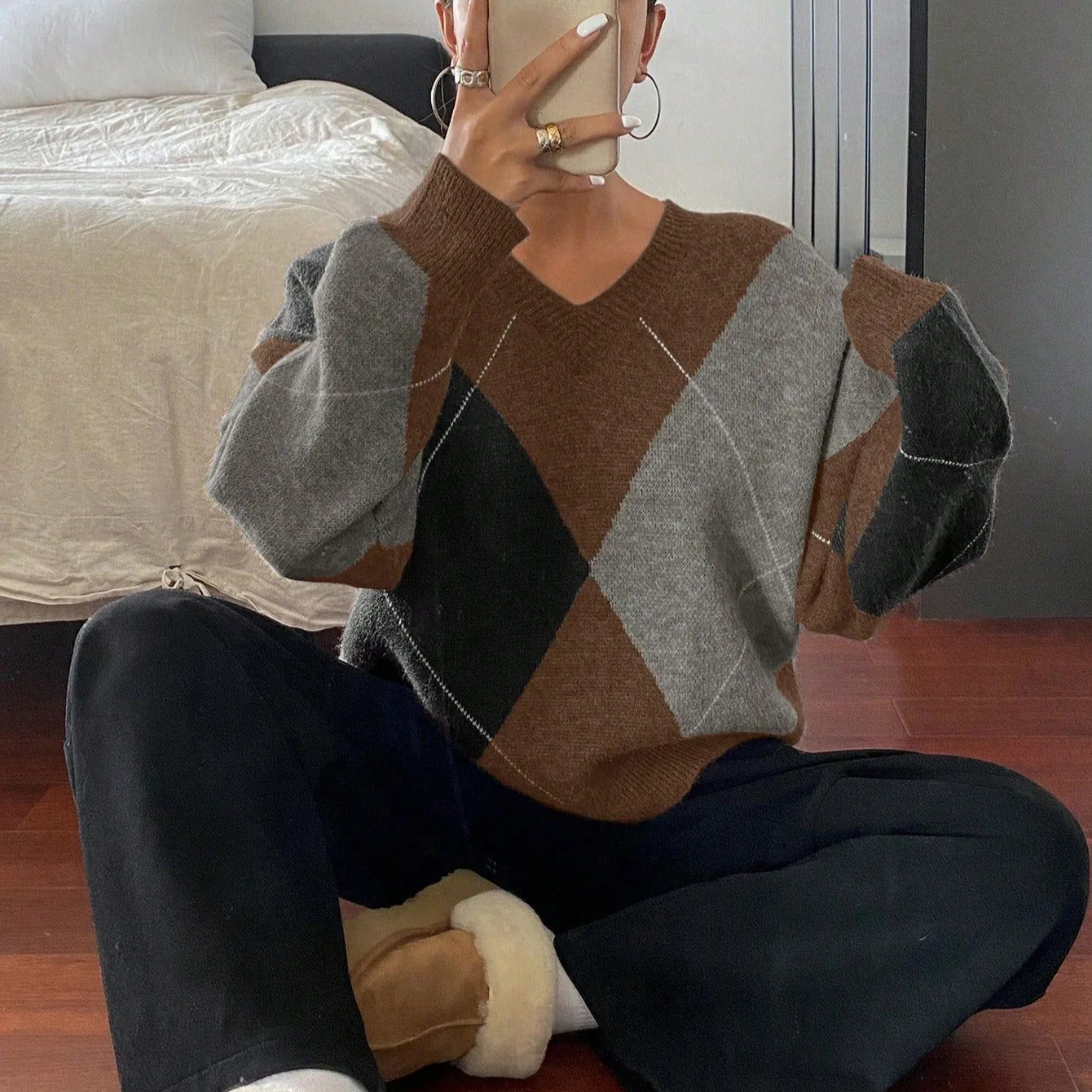 

Winter Argyle Knitted Sweater Casual Loose Knitted Pullovers Office Lady Fashion Jumpers