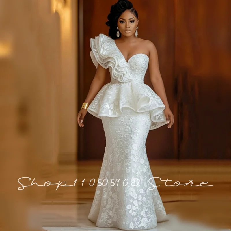 White Mermaid Gown Elegant Lace One-Shoulder vestidos novia Ruffled Wedding Guest Dress South African Wedding Dresses Customized