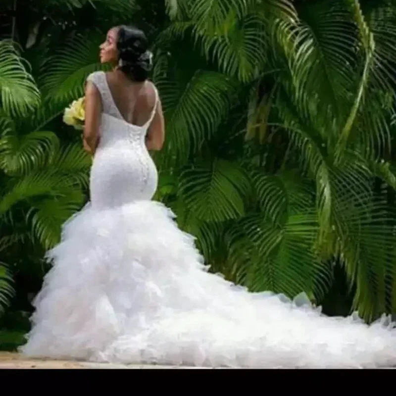 Customized Pure White Lace Embroidery African Mermaid Wedding Gown Luxury Heavy Beaded Dress