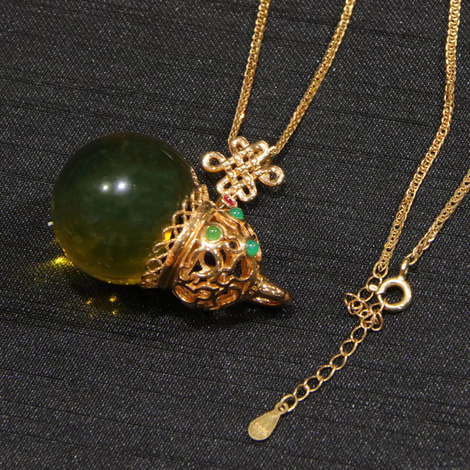 Pure Silver Inlaid Natural Mexican Blue Amber Pendant 20mm Round Bead Gourd Shape Simple Fashion Necklace Jewelry Gift