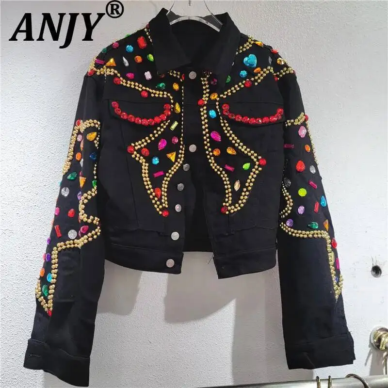 

ANJY Spring Autumn New Women Tide Thailand Style Fashion Punk Jacket Heavy Industry Diamond Studded Beads Short Denim Coat A8142