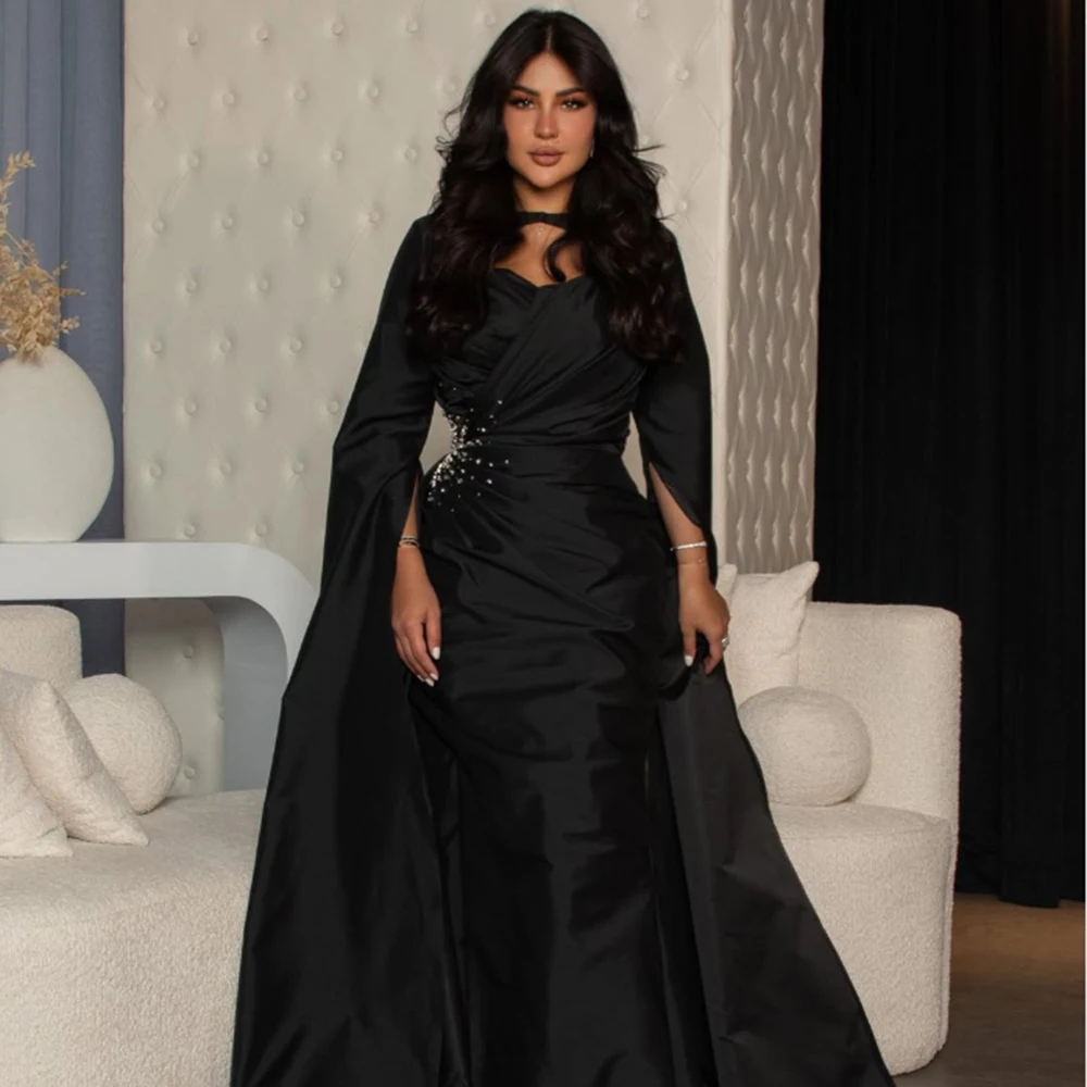 

Customized Black Satin V-neck A-line Formal Evening Dress Pleat Strapless Sequined Full Sleeves Ankle Length Party Prom Gowns