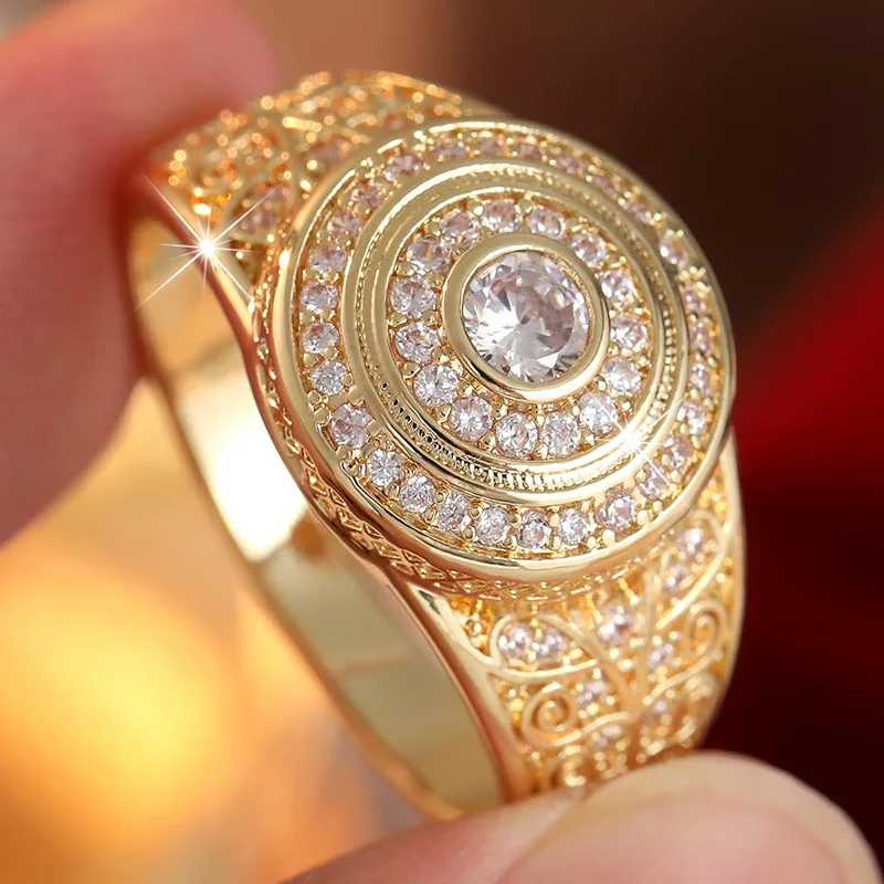 Exquisite Inlaid White CZ Women's Ring Trendy Golden Color Hand Carving Daily Wear Party Jewelry Anniversary Gift