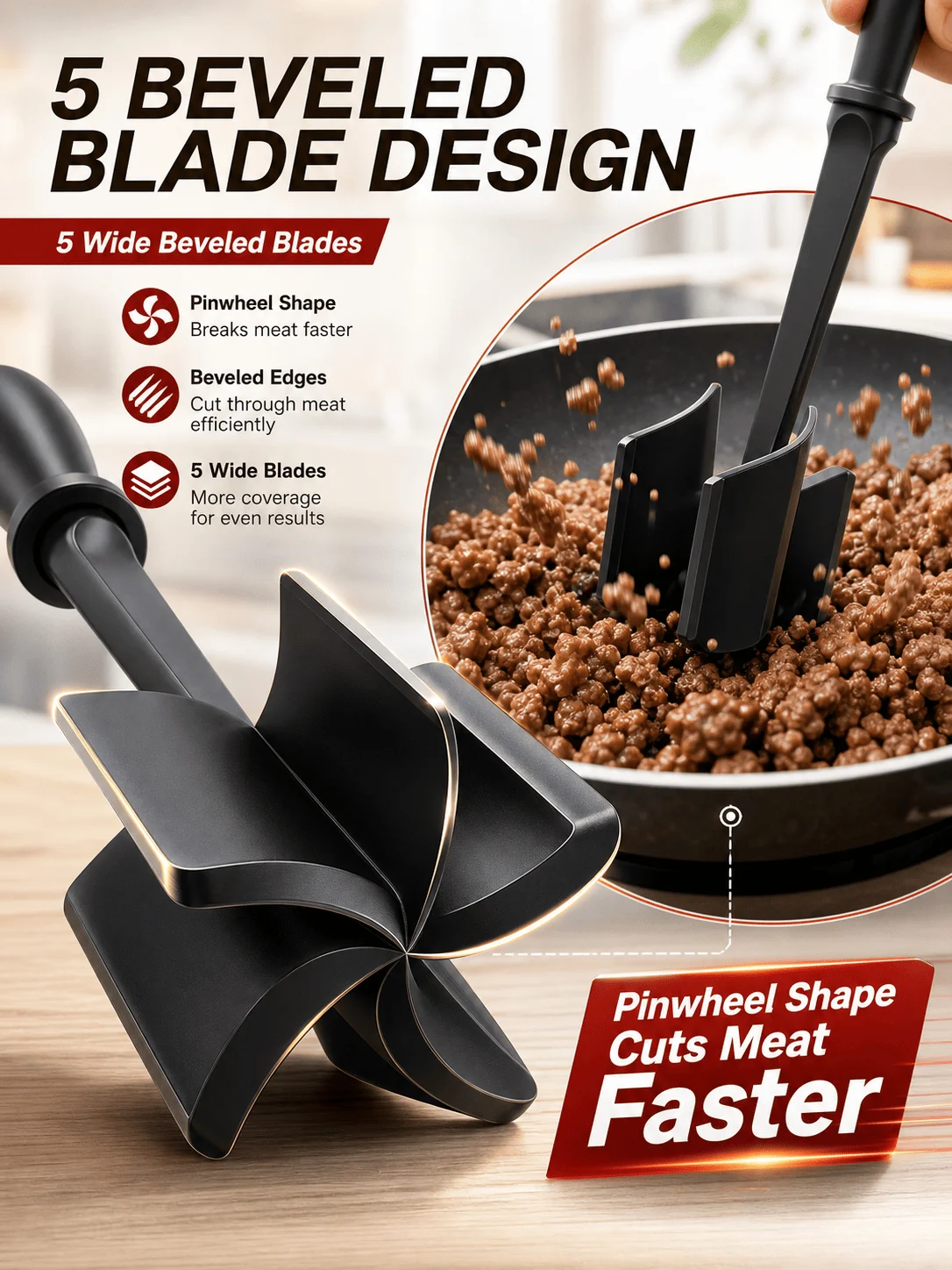 Heat Resistant Meat Chopper Masher, 5 Beveled Blades, Non-Scratch Nylon Ground Beef Smasher for Non-Stick Pans image 4