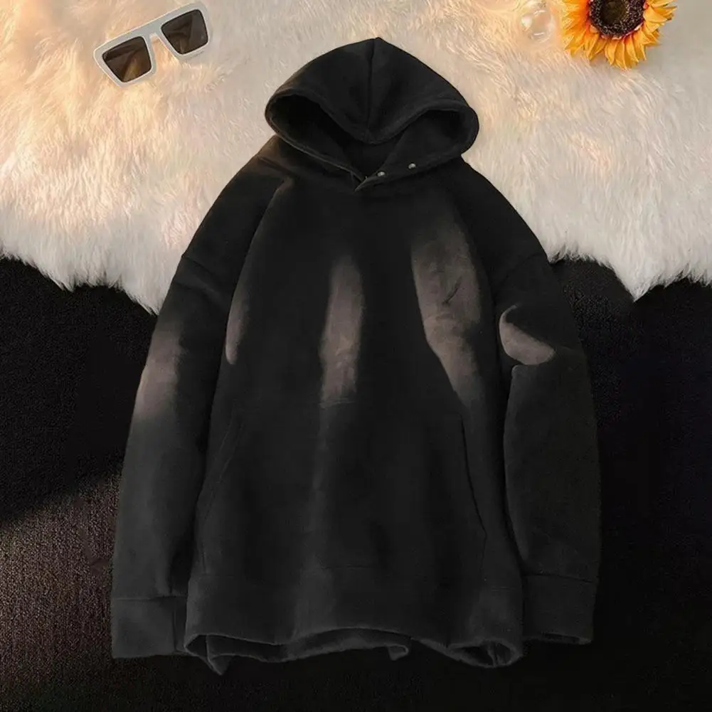 

Cozy Pullover Hoodie Men's Retro Plush Hoodie with Elastic Cuff Buttons Mid Length Pocket Warm Solid Color Pullover for Fall