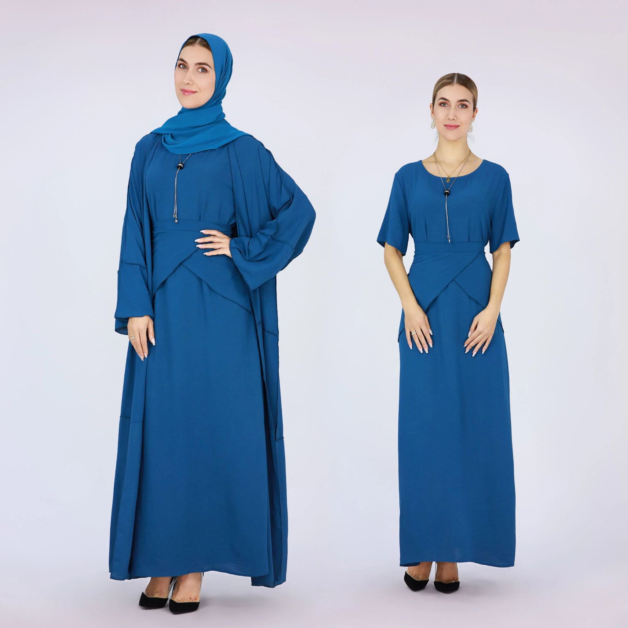 

3 Piece Matching Set Women Muslim Crepe Dubai Arab Modest Outfit Kimono Open Abaya Maxi Dress Wrap Tie Skirt Ramadan Eid Party