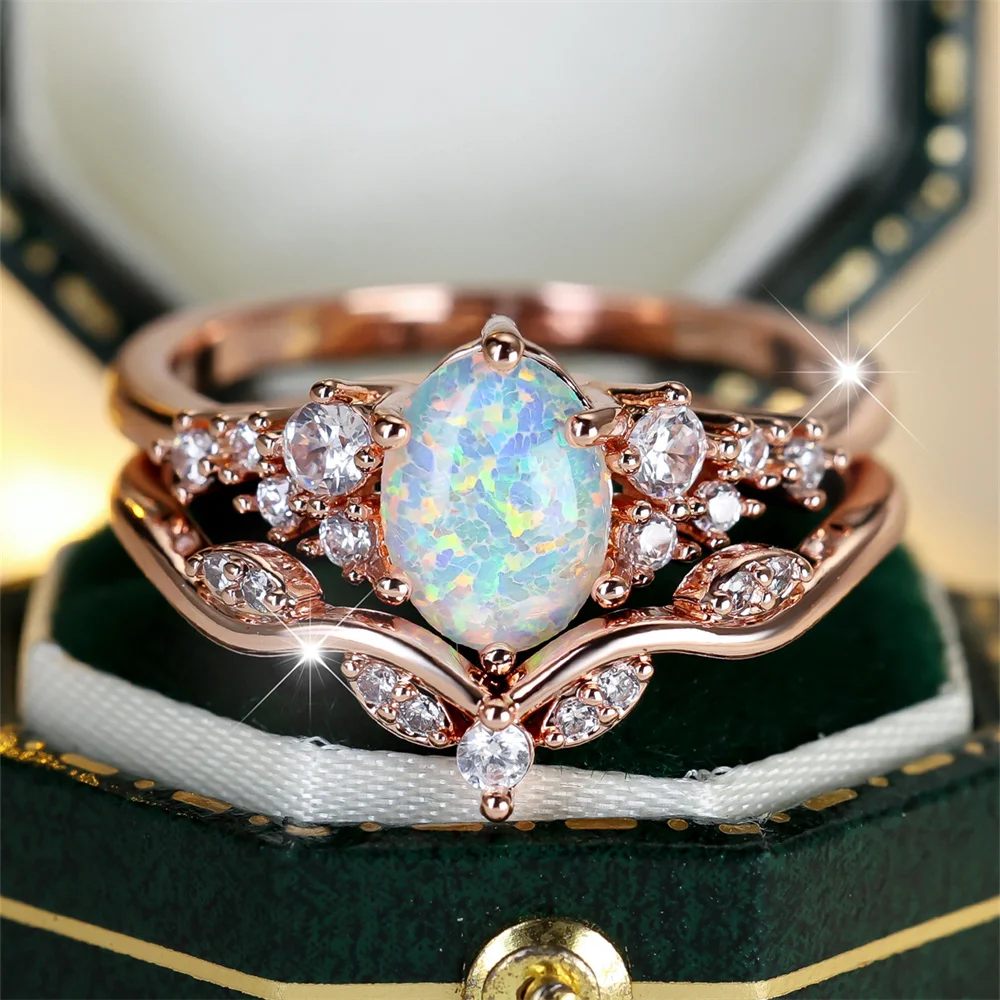2pcs White Opal Oval Stone Ring Sets For Women Vintage Rose Gold Color Engagement Bands Wedding Jewelry Mother's Day Gifts