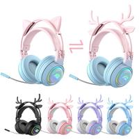 Cute Antlers/Cat Ear Wireless Bluetooth Headphone Gamer 3.5mm Earphone Gaming Headset With RGB Light For Child/kid New Year Gift