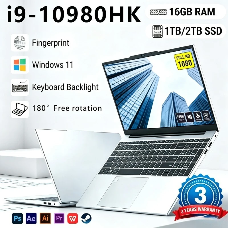 Portable 15.6' Gaming Intel Core I9 10980HK Laptop Computer Windows 11 PC Gamer 16GB RAM Fingerprint Unlock Notebook PC