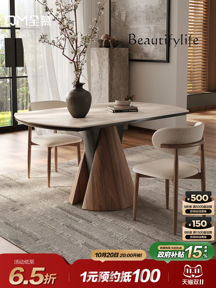 Solid wood round table retractable medieval small apartment square and round dual-purpose dining table  rock slab dining table