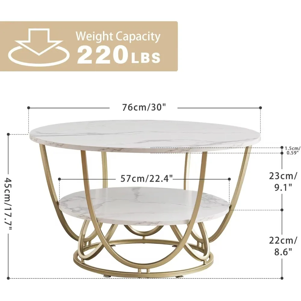 Mesa de centro de salón moderna de 30 pulgadas con almacenamiento, tapa de madera y estampado de mármol blanco