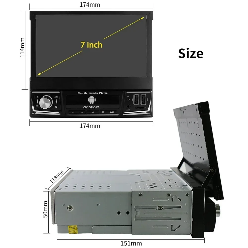 Android 14 Quad Core 2G 32G Single 1 Din Car Autoradio Player Universal Retractable Screen Car Radio WiFi MP5 Car GPS Navigation