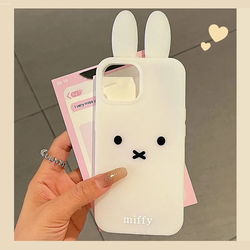 3D Stereoscopic Kawaii Cute Cartoon Miffy Rabbit Phone Case For iPhone 17 16 15 14 13 Pro Max Cases Soft Silicone Back Cover view 2