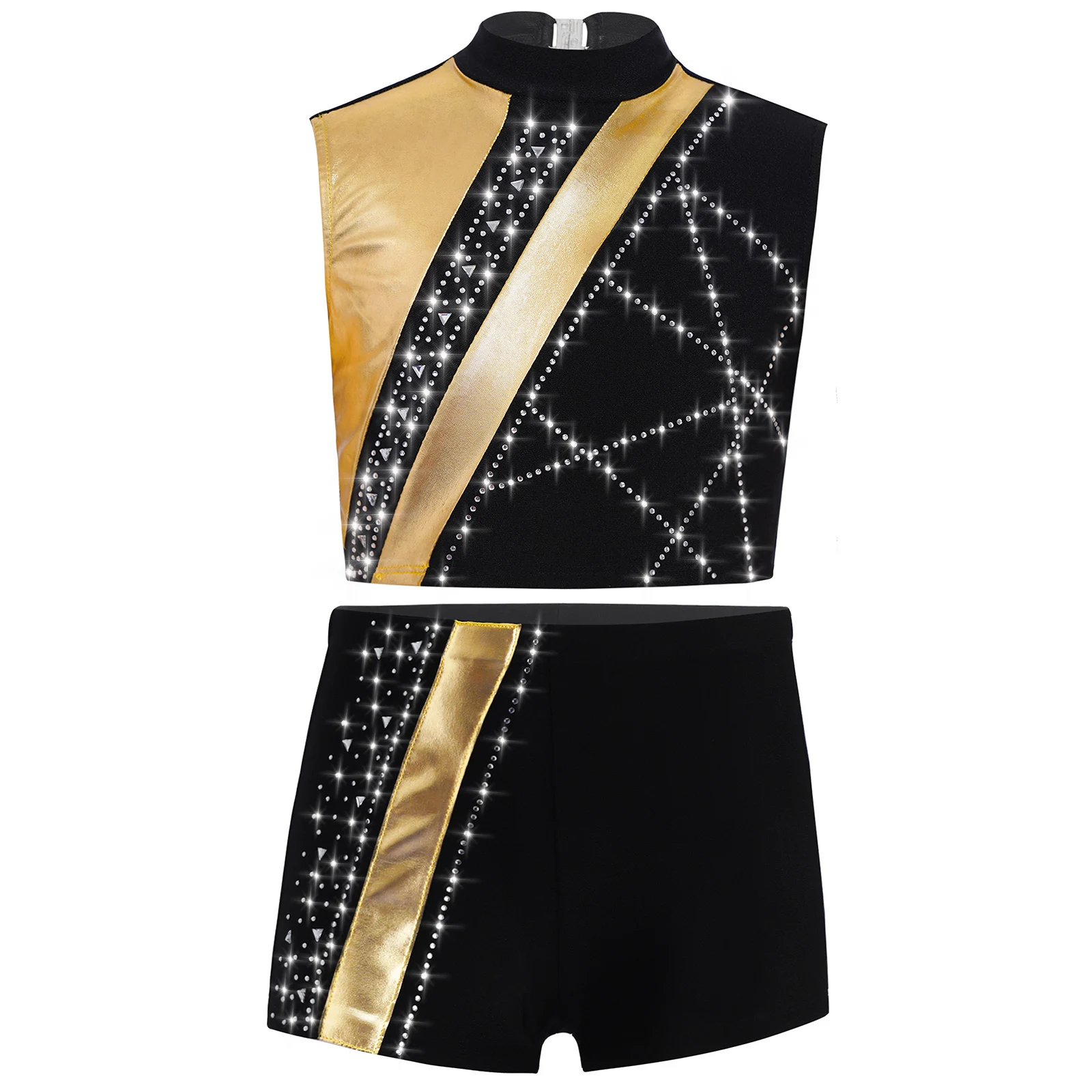 أطفال بنات الجمباز ملابس رقص لامعة الراين لامع المحاصيل الأعلى مع السراويل الباليه اليوغا تجريب أداء Dancewear