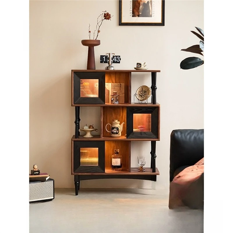 black short bookcase, black walnut solid wood, medium antique style living room, porch cabinet, side cabinet