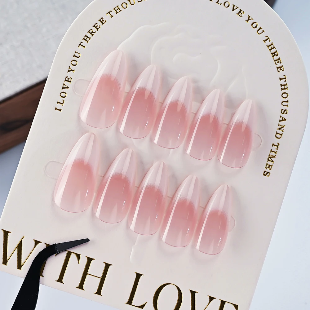 24 Buah/Boks Kuku Palsu Almond Perancis Putih Merah Muda Gradien Bening Wanita Tekan Pada Kuku Akrilik Dapat Dipakai Penutup Penuh Kuku Palsu Perancis