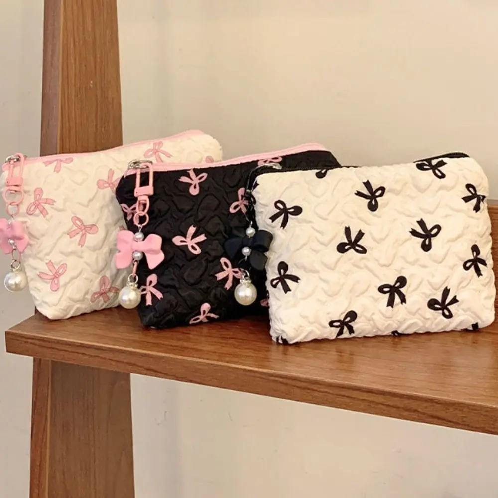 

Travel Wash Bag Bow Pendant Bow Cosmetic Bag Zipper Lager Capacity Balletcore Makeup Bag Korean Style Coin Purse Travel