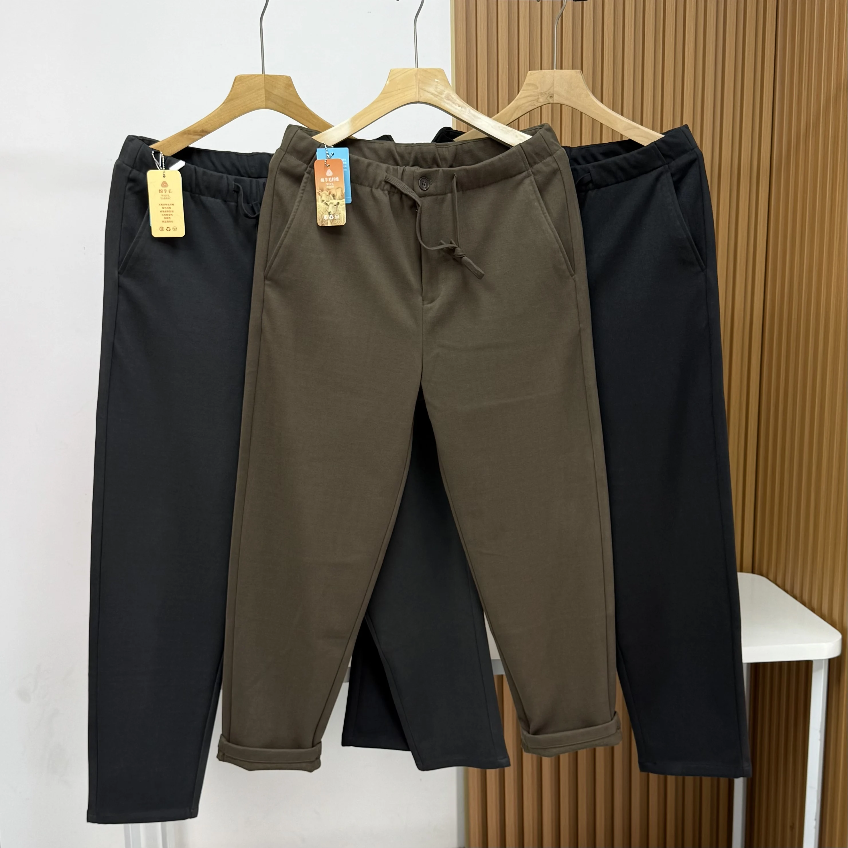 

Мужские теплые шерстяные повседневные брюки с эластичным поясом, прямые, длинные, для осени и зимы, для поездок на работу, из смесового полиэстера