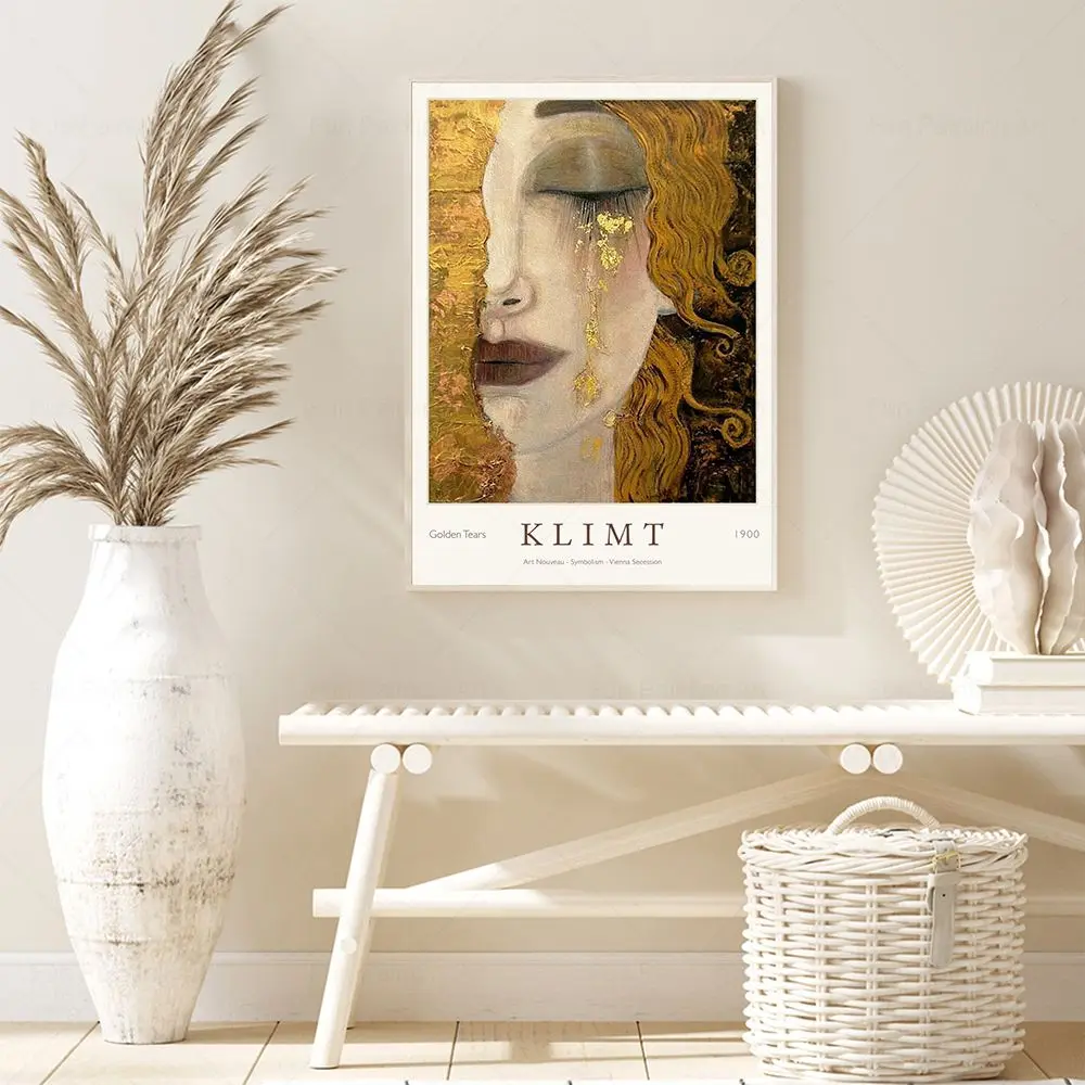 Famous Gustav Klimt Exhibition Posters Golden Tears And Red Lips Canvas Painting Nordic Wall Art Picture For Living Room Decor