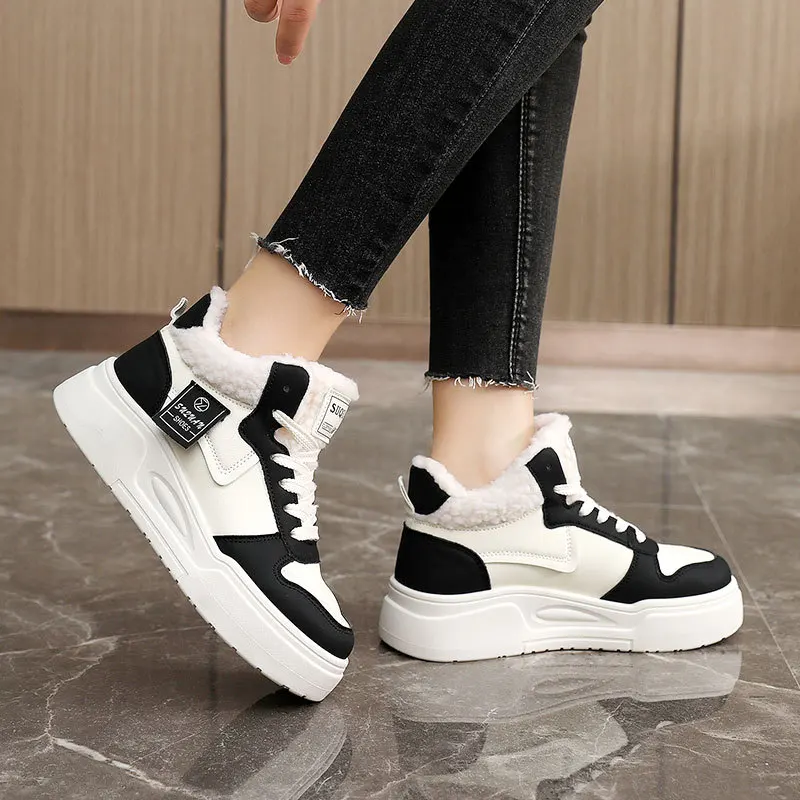 

Warm Fleece Lined High Top Women's Shoes Thick Bottom Contrast Color Student Heightening Simple Style Autumn Winter Canvas Shoes